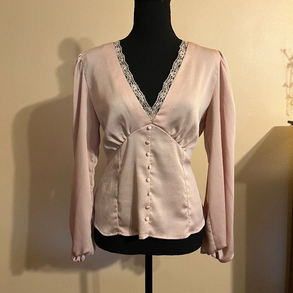 Mango Princess Sleeve Light Pink Satin Blouse with Buttons and Lace